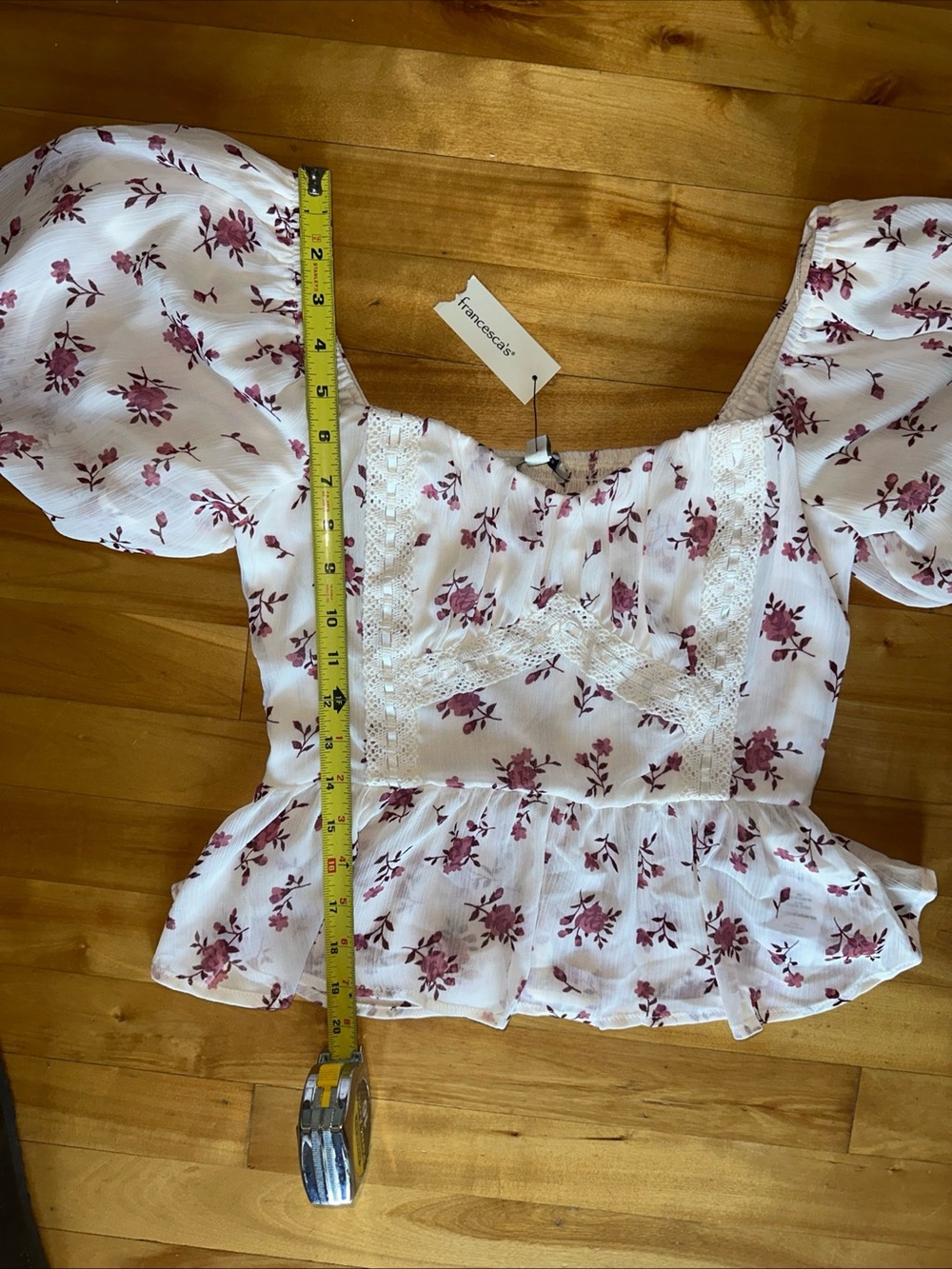 Francesca's Collections White Floral Puff-Sleeve Peplum Top - Picture 6 of 7